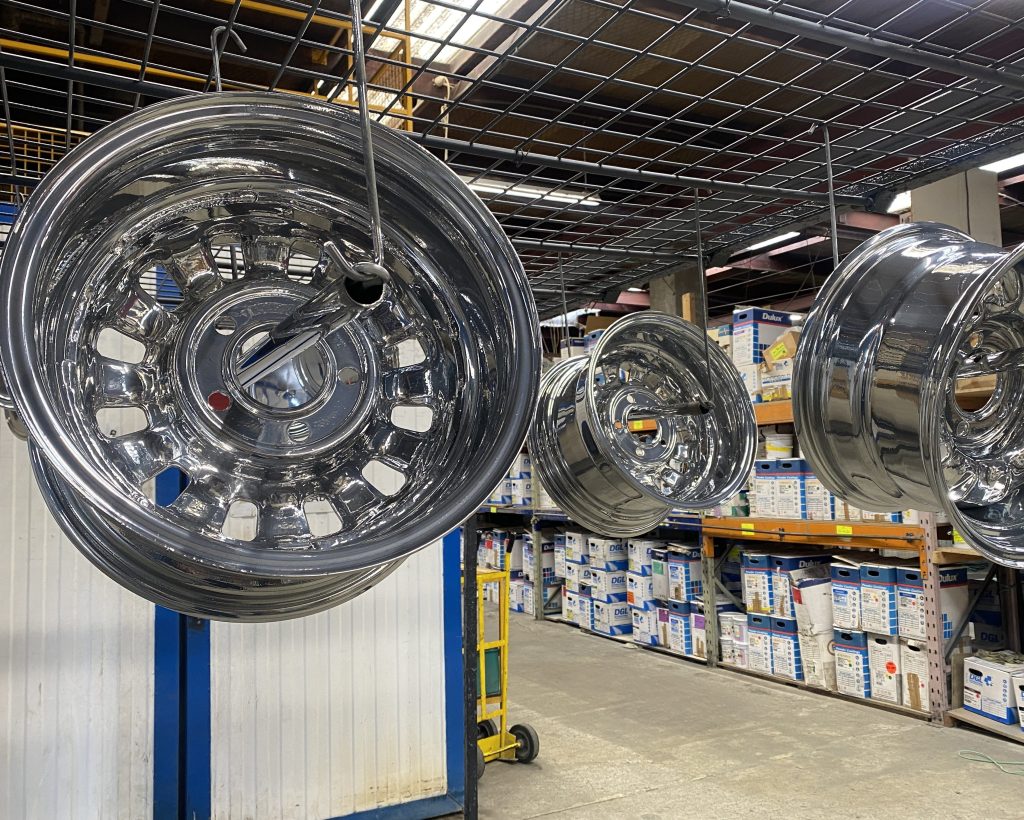 a line of wheels fresh from the oven, they have been cured and will look amazing when back on the vehicle